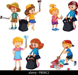 A vector illustration of kids volunteering by cleaning up the park ...