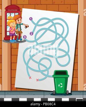 Children find the way to trash bin game illustration Stock Vector