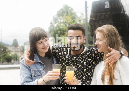 Three smiling friends making a celebratory toast Stock Photo