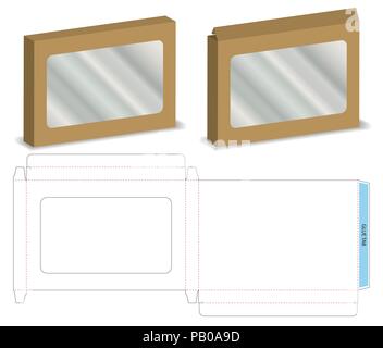 box with plastic window mockup with dieline Stock Vector