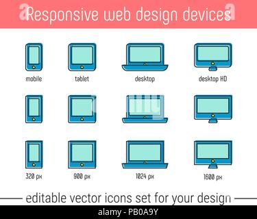 Responsive design icons set vector. Flat responsive design icons in memphis style. Vector responsive design icons set with mobile, tablet, desktop devices. Responsive design icons for website, ad, app Stock Vector