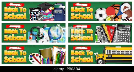 back to school study object on chalkboard banner Stock Vector