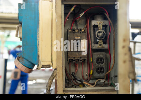 close up old and dirty Breakers switch in electric box, circuit breakers, electrical panel, switch with wires Stock Photo