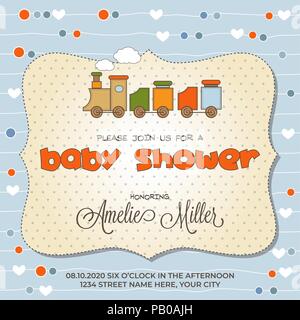 Baby shower card with toy train, customizable Stock Vector