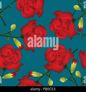 Dianthus caryophyllus - Red Carnation Flower on Indigo Blue Background. Vector Illustration. Stock Vector