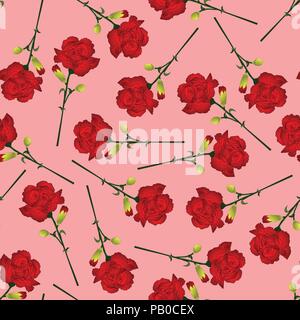 Dianthus caryophyllus - Red Carnation Flower on Pink Background. Vector Illustration. Stock Vector
