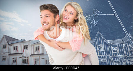 Composite image of handsome man giving piggy back to his girlfriend Stock Photo