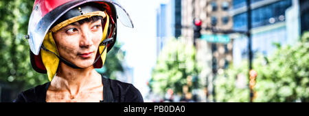 Composite image of female architect wearing helmet against white background Stock Photo