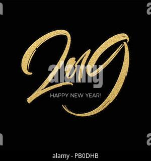 Golden glitter paint lettering calligraphy of 2019 Happy New Year on black background. Vector illustration Stock Vector