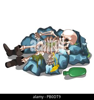 Skeletal corpse of a man lying on the stones isolated on white background. The skeleton of a human. Vector cartoon close-up illustration. Stock Vector