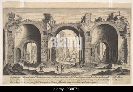 Plate 19: view of the Baths of Caracalla, indicating with inscribed letter 'A' the places from which columns were reportedly taken by Pope Pius IV to be sent to the Grand Duke of Florence, from the series 'Ruins of the antiquity of Rome, Tivoli, Pozzuoli, and other places' (Vestigi della antichità di Roma, Tivoli, Pozzvolo et altri luochi). Artist: Aegidius Sadeler II (Netherlandish, Antwerp 1568-1629 Prague); After Etienne DuPérac (French, ca. 1535-1604). Dimensions: Sheet: 6 3/4 x 10 7/16 in. (17.1 x 26.5 cm). Series/Portfolio: Ruins of the antiquity of Rome, Tivoli, Pozzuoli, and other plac Stock Photo