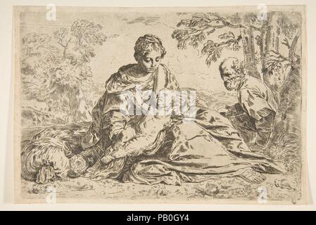Rest on the flight into Egypt, Mary holding the infant Christ with St. Joseph at right, copy after Cantarini. Artist: After Simone Cantarini (Italian, Pesaro 1612-1648 Verona). Dimensions: Plate: 7 5/16 × 10 7/16 in. (18.5 × 26.5 cm). Date: ca.1640 or after. Museum: Metropolitan Museum of Art, New York, USA. Stock Photo