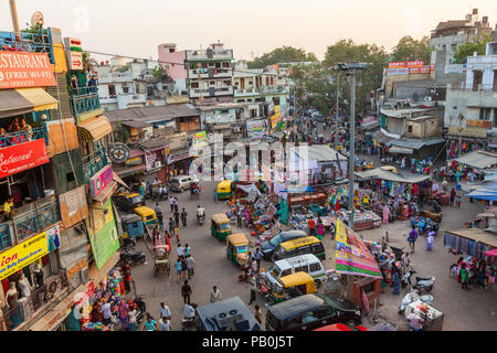 Elevated view of colorful Paharganj Main Bazaar, New Delhi, India. Stock Photo