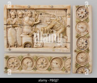Plaque with Scenes from the Story of Joshua. Culture: Byzantine. Dimensions: a: 2 1/2 x 3 9/16 x 1/4 in. (6.3 x 9 x 0.6 cm)  b: 1 1/16 x 3 9/16 x 1/16 in. (2.7 x 9.1 x 0.2 cm)  c: 3 5/8 x 1 x 1/16 in. (9.2 x 2.6 x 0.2 cm). Date: 900-1000.  These panels are from a casket that illustrated Joshua's conquest of the Promised Land and carry paraphrasings of texts from the Book of Joshua. The first narrative panel, designed to fit a lock plate, shows the capture of the city of Ai and is inscribed, 'And Joshua stretched out his hand toward the city and they rose up quickly and they slew all' (Joshua 8 Stock Photo