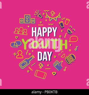 Happy Youth Day typography quote card with icon set illustration. Fun party symbols in colorful outline style. Includes social network, food, drink an Stock Vector