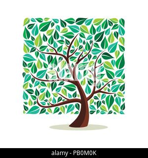 Tree made of green leaves with branches in square shape. Nature concept, Environment help or earth care. EPS10 vector. Stock Vector