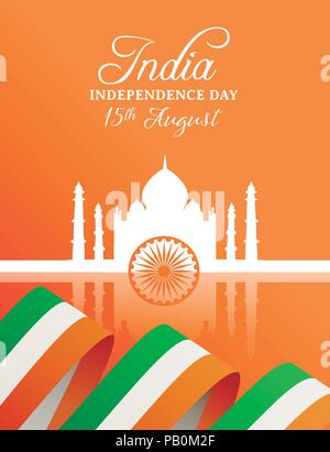 India Independence Day celebration greeting card. Taj Mahal landmark building silhouette with indian flag and typography quote. EPS10 vector. Stock Vector
