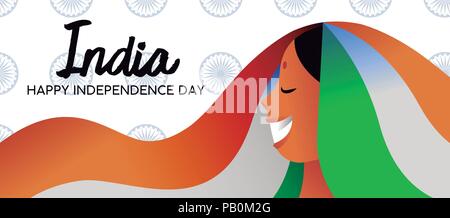 India Independence Day celebration web banner. Happy indian woman smiling with traditional flag color dress and bindi. EPS10 vector. Stock Vector