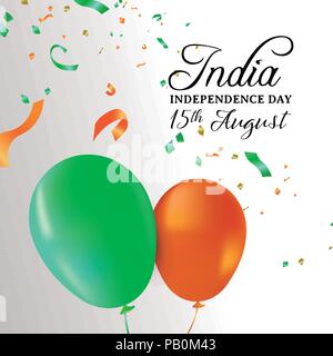 India Independence Day greeting card illustration. Flag color balloons and party confetti for special 15th August indian celebration. EPS10 vector. Stock Vector