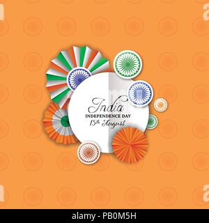 India Independence Day greeting card. Indian tricolor badge decoration in 3d style with paper sign special event text quote. EPS10 vector. Stock Vector