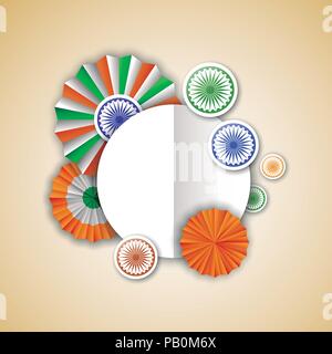 India Independence Day greeting card template. Indian tricolor badge decoration in 3d style with empty copy space sign for special event text quote. E Stock Vector