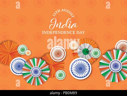 India Independence Day greeting card illustration. Traditional tricolor badges and indian flag color decoration with typography quote. EPS10 vector. Stock Vector
