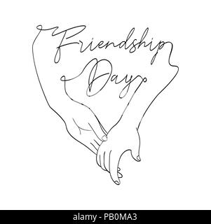 Happy Friendship Day greeting card illustration of friends holding hands together in continuous line hand drawn style with celebration text quote. EPS Stock Vector