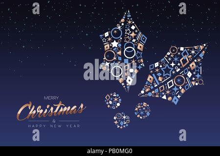 Merry Christmas and Happy New Year greeting card. Elegant holly leaf made of outline icon luxury decoration, copper color holiday illustration. EPS10  Stock Vector