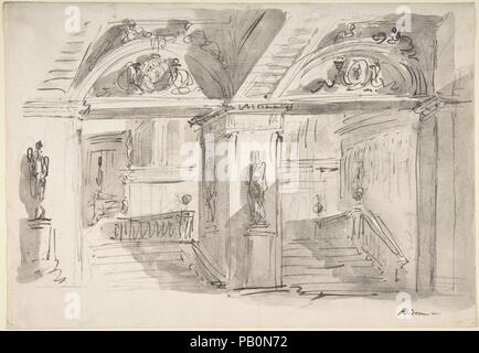 Sketch of a Palace's Interior's Foreshortening with Stairs, Statues and Ornaments. Artist: Giuseppe Bernardino Bison (Italian, Palmanova 1762-1844 Milan). Dimensions: 7 -15/16 x 11- 7/16 in. (20.2 x 29 cm). Date: 1762-1844. Museum: Metropolitan Museum of Art, New York, USA. Stock Photo