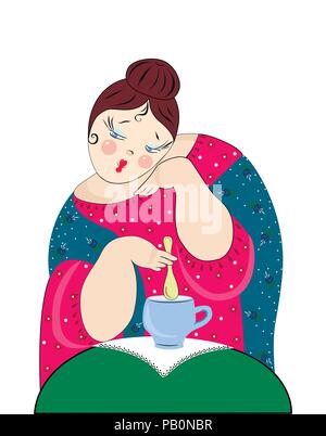 A flat drawing of a simpering Woman drinking tea. A blue handkerchief is draped over her shoulders. Drink tea and coffee. Artistic drawing. Vector Stock Vector