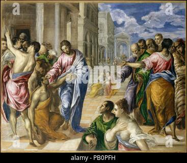 Christ Healing the Blind. Artist: El Greco (Domenikos Theotokopoulos) (Greek, Iráklion (Candia) 1540/41-1614 Toledo). Dimensions: 47 x 57 1/2 in. (119.4 x 146.1 cm). Date: ca. 1570.  El Greco painted this masterpiece of dramatic storytelling either in Venice or in Rome, where he worked after leaving Crete in 1567 and before moving to Spain in 1576. It illustrates the Gospel account of Christ healing a blind man by anointing his eyes. The two figures in the foreground may be the blind man's parents. The upper left portion of the composition is unfinished. El Greco painted two other versions of  Stock Photo