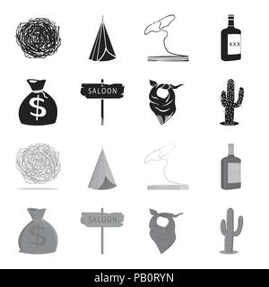 Bag of money, saloon, cowboy kerchief, cactus. Wild west set collection icons in black,monochrome style vector symbol stock illustration . Stock Vector