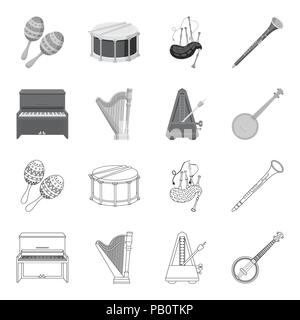 Banjo, piano, harp, metronome. Musical instruments set collection icons in outline,monochrome style vector symbol stock illustration . Stock Vector