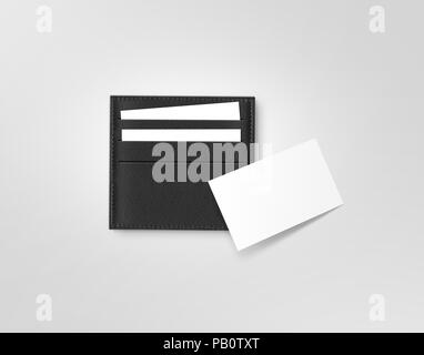 Black leather call card holder with blank white card mock up isolated on grey. Visiting calling cards mockup sleeve cardholder pocket. Clear paper car Stock Photo