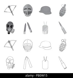 Gas mask, nunchak, ammunition, soldier token. Weapons set collection icons in outline,monochrome style vector symbol stock illustration . Stock Vector