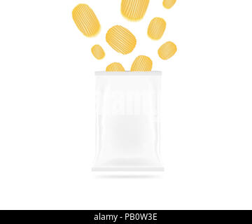 Blank chips bag mock up isolated. Clear white potato chip pack mockup. Crackers, crisps flying supermarket foil plastic container ready for logo desig Stock Photo