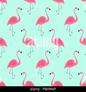 Flamingo seamless pattern on mint green background. Pink flamingo vector background design for fabric and decor. Stock Vector