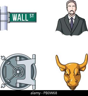 Wall Street, a businessman, a bank vault, a gold charging bull. Money and finance set collection icons in cartoon style vector symbol stock illustrati Stock Vector