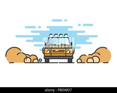 Thin line flat design of car. Jeep in motion on a safari trip. Modern flat design thin line banner. Vector EPS 10 Stock Vector