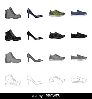 Different shoes cartoon black monochrome outline icons in set collection for design. Men's and women's shoes vector symbol stock illustration. Stock Vector