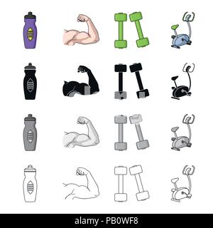 Bottle with water, biceps, muscles, dumbbells for fitness, exercise bike. Fitness set collection icons in cartoon black monochrome outline style vecto Stock Vector