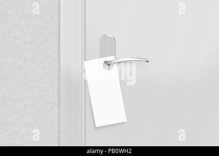 Door knob with blank flyer mock up. Empty white flier mockup hang on door handle. Leaflet design on entrance doorknob. Stock Photo