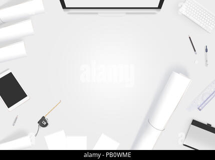 Creative designer desk with blank paper whatman mockup. Showing design presentation on artist workplace mock up. Developer table surface with creativi Stock Photo