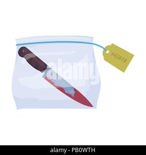 Bloodied knife in the package with a tag. Knife, criminal things single icon in cartoon style vector symbol stock illustration . Stock Vector