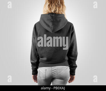 Blank black sweatshirt mock up back side view, isolated. Female wear grey plain hoodie mockup. Hoody design presentation. Clear loose model. Gray jump Stock Photo