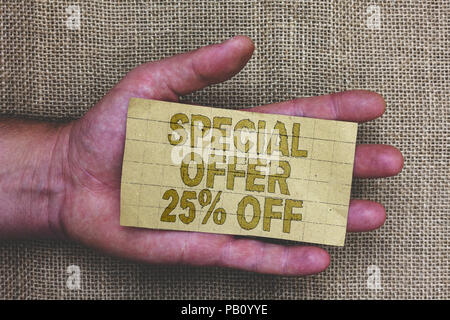 Conceptual hand writing showing Special Offer 25 Off. Business photo showcasing Discounts promotion Sales Retail Marketing Offer Thick gray paper with Stock Photo