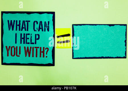 Handwriting text writing What Can I Help You With question. Concept meaning Offering assistance Experts advice ideas Black bordered blue page written  Stock Photo