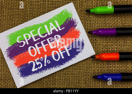 Word writing text Special Offer 25 Off. Business concept for Discounts promotion Sales Retail Marketing Offer Colorful waves with white page and texts Stock Photo