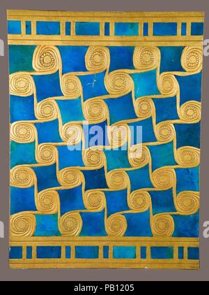 Reconstruction of  Geometric Decoration. Dimensions: H. 98.7 cm (38 7/8 in.); W. 73.7 cm (29 in.); D. 3.2 cm (1 1/4 in.). Dynasty: Dynasty 18. Reign: reign of Amenhotep III. Date: ca. 1390-1352 B.C..  The faience tiles in this reconstructed panel of geometric decoration were unearthed during the Museum's excavations at Malqata, the site of a festival city constructed by Amenhotep III to celebrate his three rejuvination festivals, or heb seds. The tiles were found in stacks on the floor of a room in the southwest corner of a temple built to honor the god Amun (see the excavation photo above). O Stock Photo