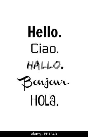 The word Hello in different languages in black text placed on a white background. Stock Photo